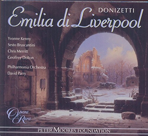 CD cover for Donizetti’s “Emilia Di Liverpool” featuring a ruined castle.