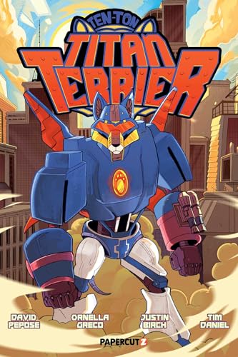 Comic book cover featuring a robotic dog superhero in a city.