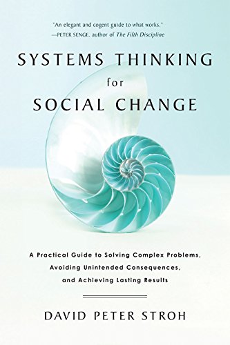 Book cover with blue spiral design and title "Systems Thinking for Social Change".
