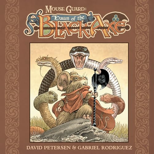Mouse Guard book cover featuring a mouse facing coiled snakes and an axe.