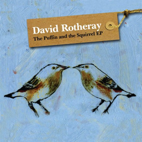 "Album cover with painted birds and brown tag on blue textured background."