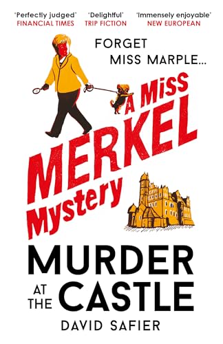 Book cover illustration of Angela Merkel walking a pug near a castle.