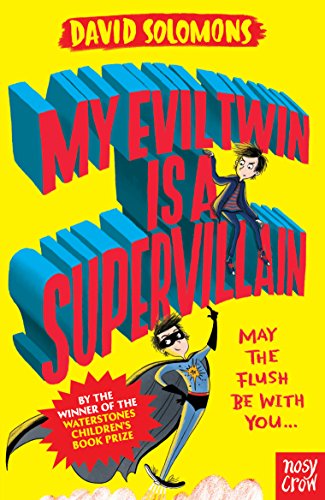 Book cover with yellow background, large red text, a flying superhero, and a boy.