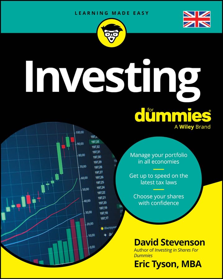 Book cover: "Investing for Dummies, UK Edition" with stock chart background.