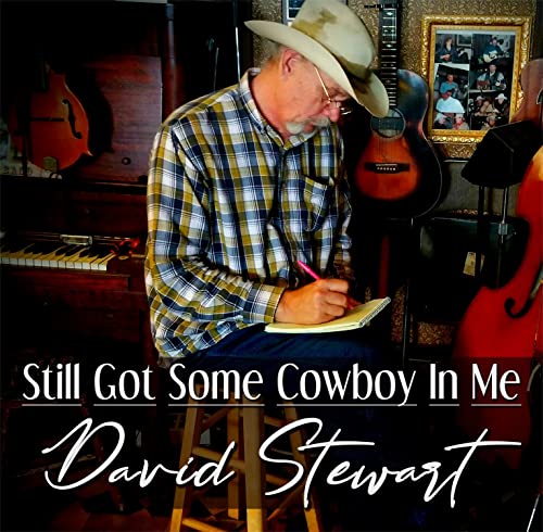 Cowboy hat-wearing man with guitar, writing in a notebook.
