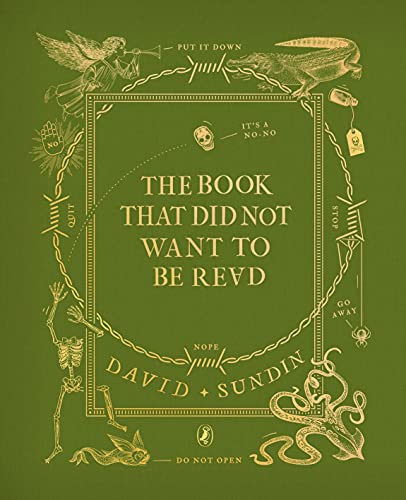Green book cover with gold text and illustrations of a skeleton, alligator, and angel.
