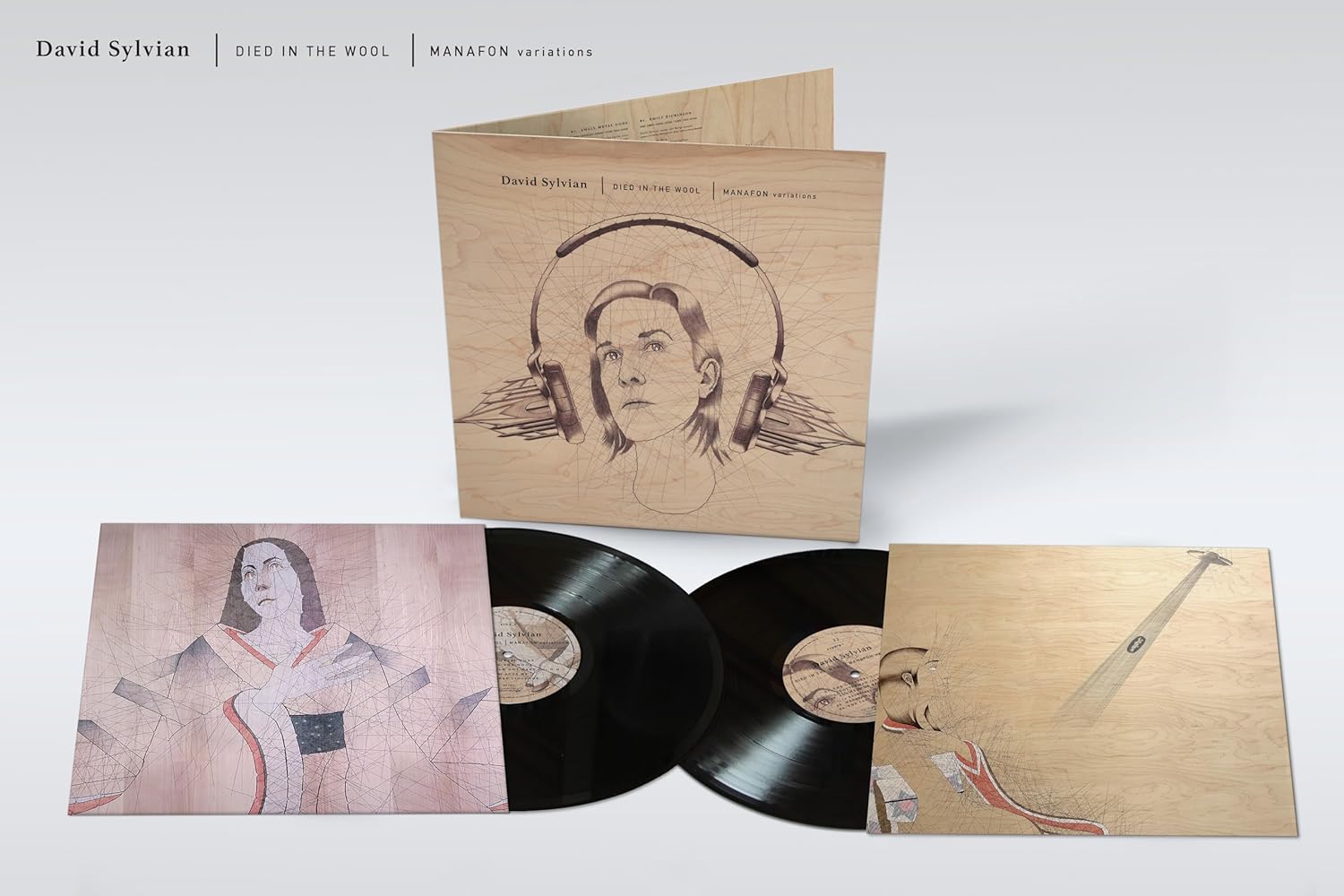 Vinyl record set featuring wood-grain covers, illustrated sleeves, and two black vinyl discs.