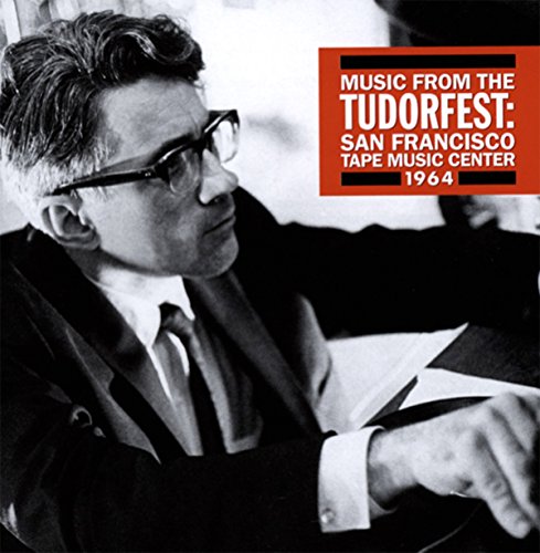 Black and white portrait of David Tudor with red “Tudorfest” album cover.