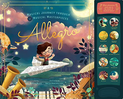 Book cover: boy with paper airplane, musical instruments, colorful illustrations.