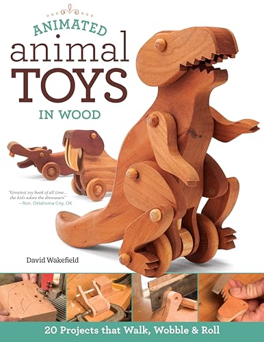 Wooden dinosaur toy with instructions for building articulated animal figures.