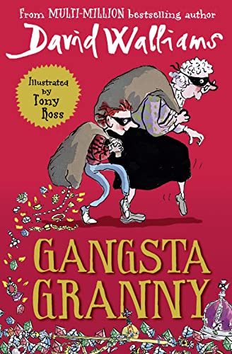 Book cover: a boy and granny in disguise carrying stolen jewels.