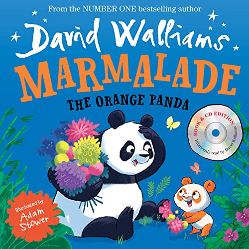 Book cover featuring an orange panda with flowers, and a CD icon.