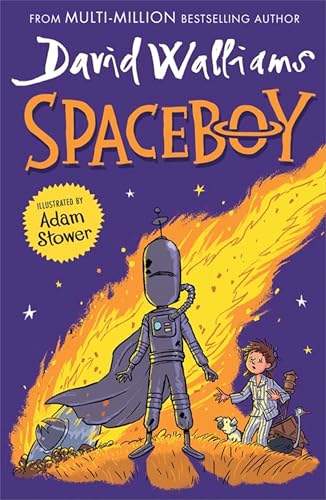 Book cover: robot and boy with a cape, fiery background.