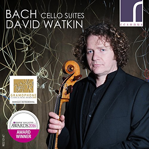 Man holding a cello, album cover for "Bach Cello Suites" by David Watkin.