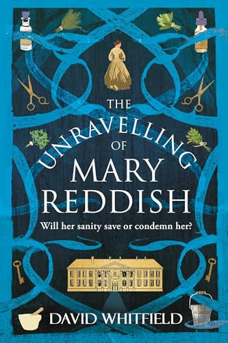 Book cover: woman in a dress, asylum building, medical tools, blue swirls.