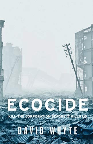 Book cover with crumbling buildings and large white text: "ECOCIDE".