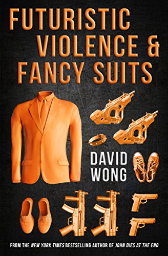 Book cover: orange suit, guns, and shoes on a dark background.