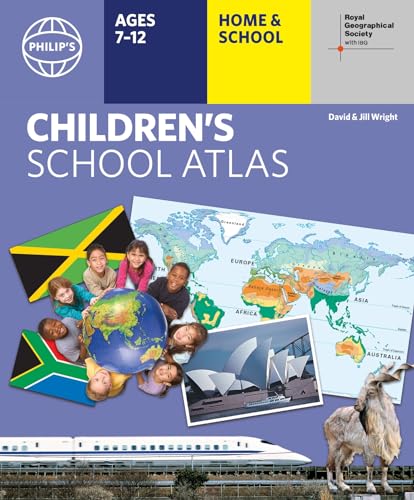 Children’s school atlas cover with diverse kids, globe, and world map imagery.