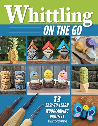 Book cover featuring carved wooden figures, tools, and the title "Whittling On The Go".