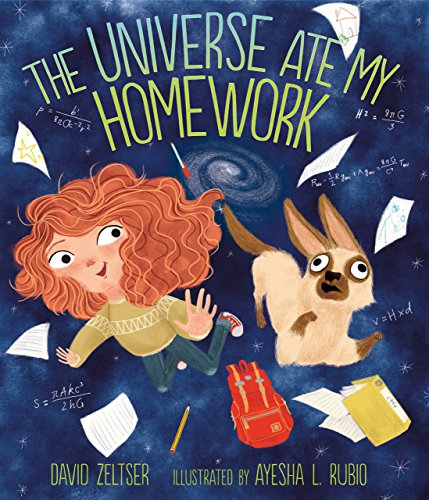Book cover: girl, dog, and floating papers in a starry universe.