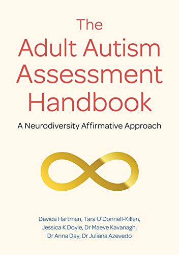 Book cover: “The Adult Autism Assessment Handbook” with a gold infinity symbol.