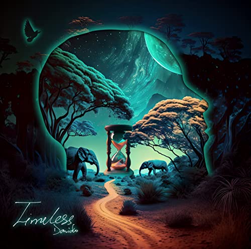 Surreal landscape with elephants, an hourglass, and a glowing silhouette of a human head.