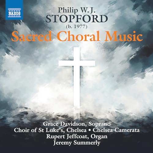 CD cover for Philip W.J. Stopford’s “Sacred Choral Music” with a white cross.