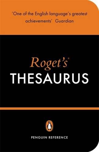 "Black book cover with orange accents, featuring 'Roget's Thesaurus' in white and orange text."