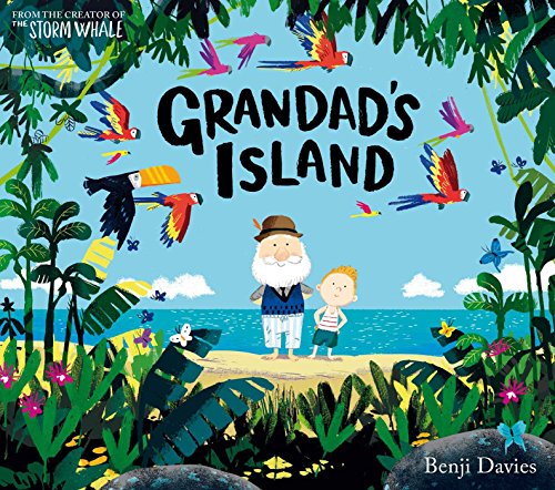 An elderly man and a young boy stand on a beach surrounded by tropical birds.