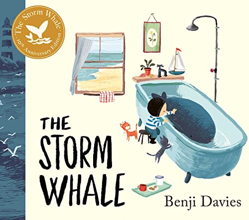 A child sits by a bathtub containing a small whale, accompanied by two cats.