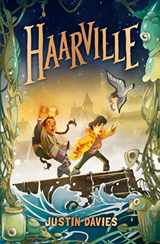 Book cover: two children with a kelpie in a fantastical, watery town.
