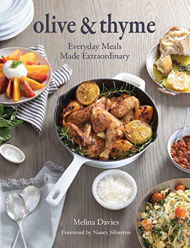 Cookbook cover with roasted chicken, vegetables, and the title "Olive & Thyme".