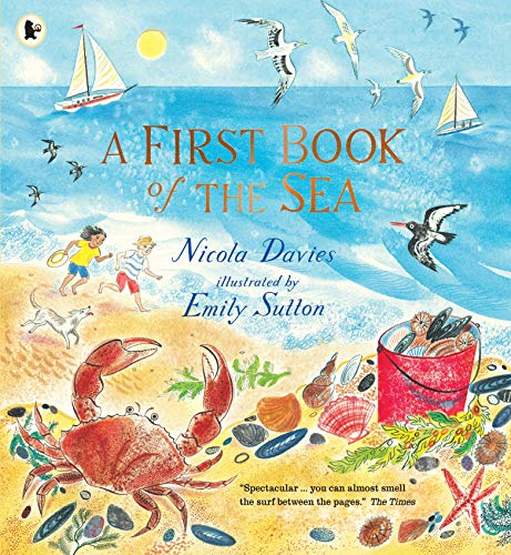 Children’s book cover with beach scene, crab, birds, and sailboats.