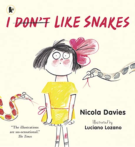 Book cover: girl in yellow, facing snakes, with pink flower detail.