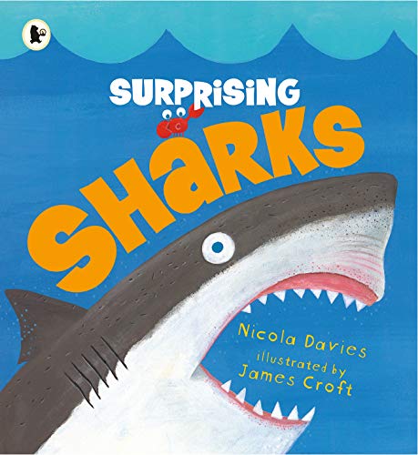 Book cover: illustrated shark with large text “Surprising Sharks.”