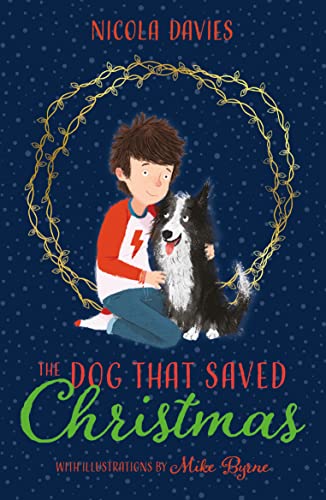 Book cover: boy hugging a black and white dog, festive wreath.