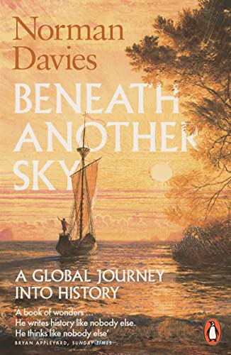 Book cover: "Beneath Another Sky" with a sailing ship on orange water.