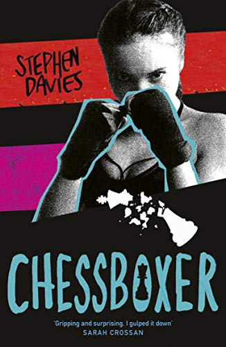 Book cover: woman with boxing gloves and shattered chess pieces.