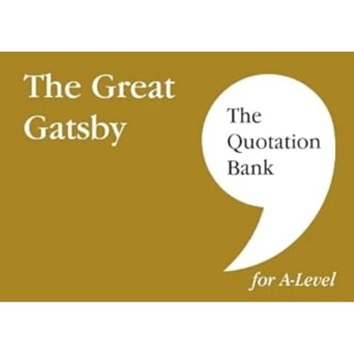 Gold book cover titled The Great Gatsby with a white quotation mark speech bubble.