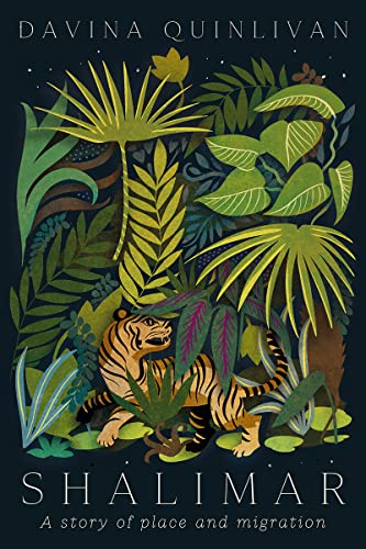 Book cover of Shalimar by Davina Quinlivan featuring a tiger in a lush jungle.