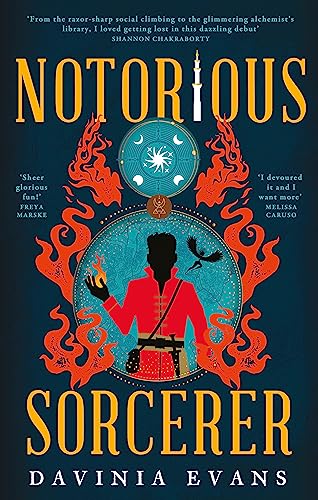 Book cover: “Notorious Sorcerer” with a silhouetted figure holding a flame.