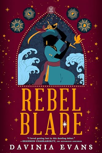 Book cover: woman with sword in arched, decorated frame, dark background.