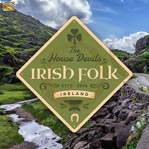 Diamond-shaped CD cover for "The House Devils" Irish folk album, with landscape.
