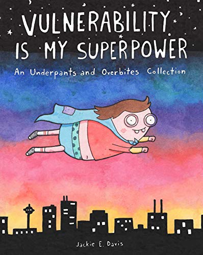 Book cover with a cartoon child superhero flying over a cityscape.