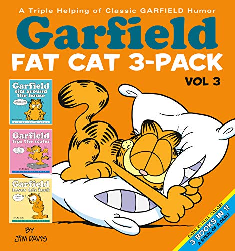 Garfield the cat rests on a pillow on the cover of a three-book collection.