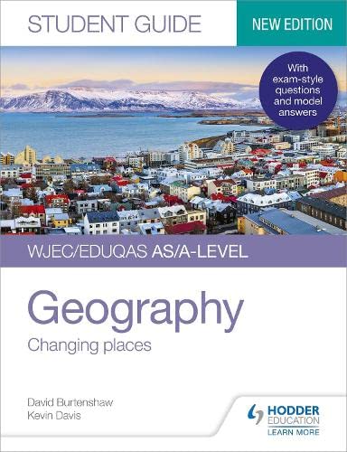 Geography textbook cover with a coastal town and mountain background.
