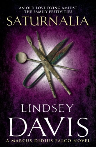 Book cover: "Saturnalia" by Lindsey Davis, featuring antique silver cutlery.