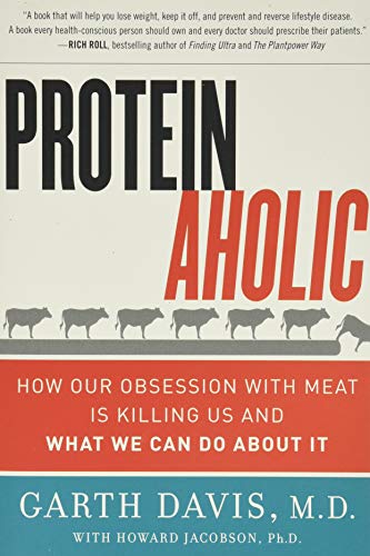 Book cover with large text “Proteinaholic” and a row of illustrated cows.