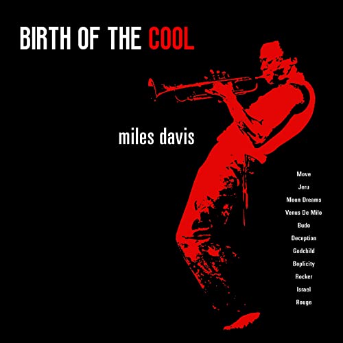 Red silhouette of Miles Davis playing trumpet on black album cover.