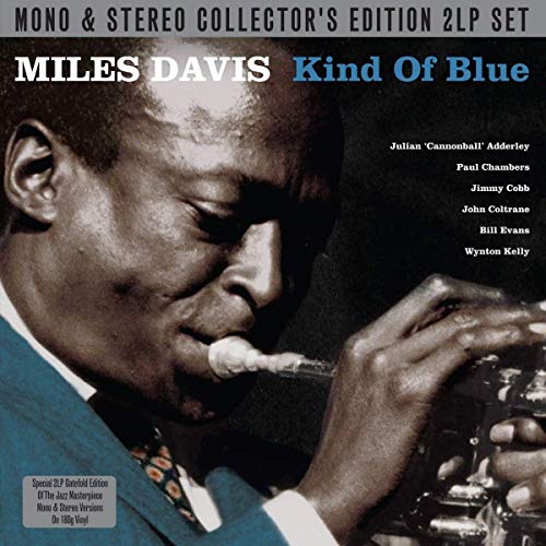 Miles Davis playing the trumpet on the Kind of Blue album cover.